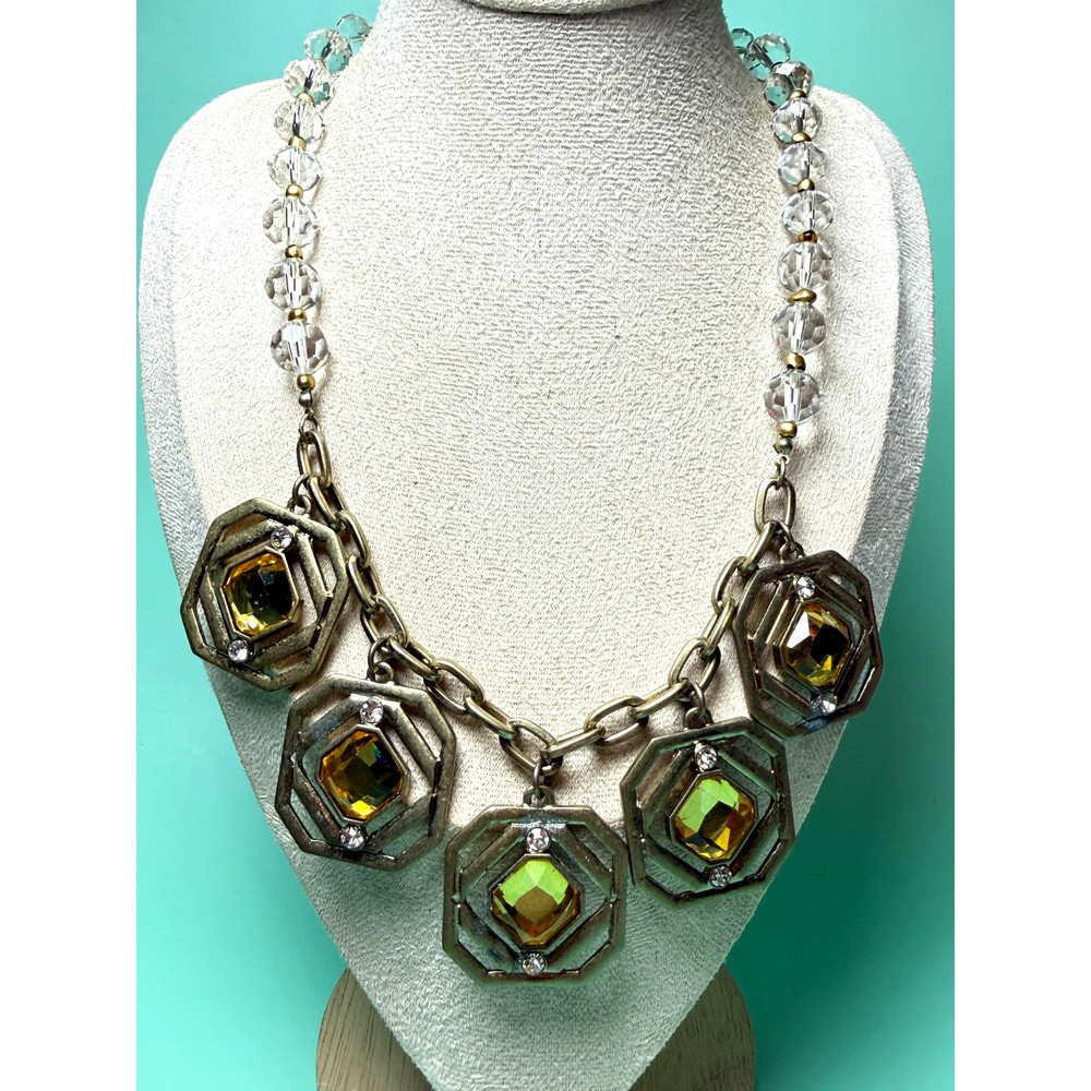 Lydell NYC 18" Chunky Statement Bib Necklace Faceted Glass Yellow Geometric Hex